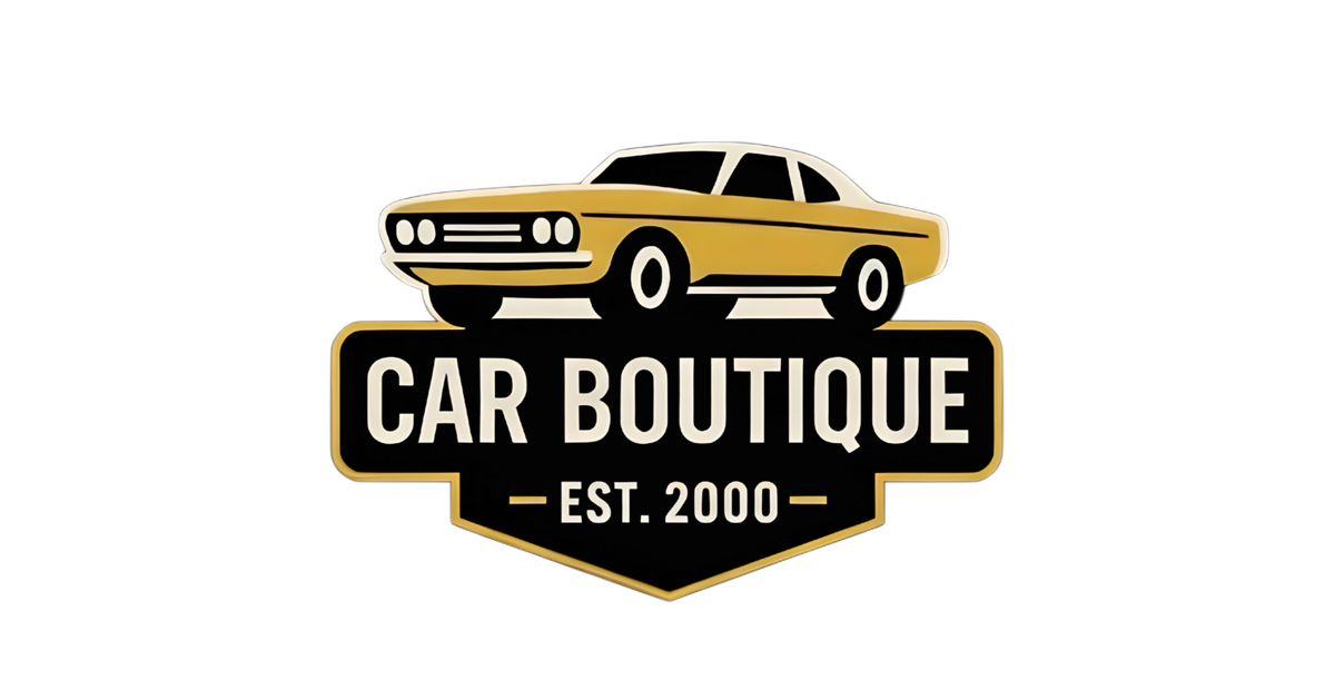 A graphic logo featuring a gold classic car above a black badge with the words 'CAR BOUTIQUE' and 'EST. 2000' on a white background.